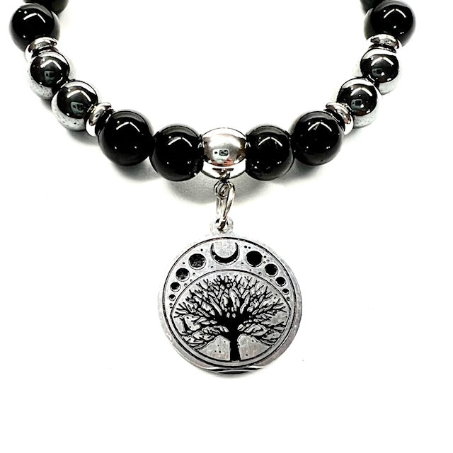 Black Tourmaline & Hematite with Witch Moon Phase Tree of Life charm
