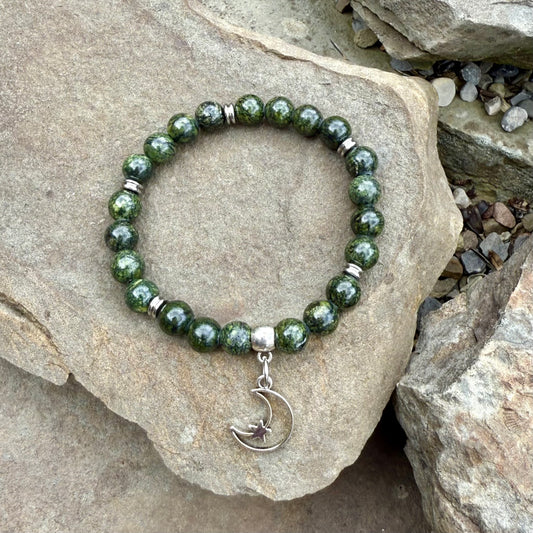 Green Snowflake Obsidian with Moon Charm